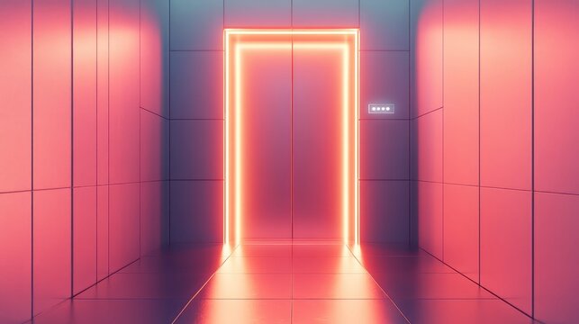 Futuristic hallway featuring a vibrant neon outline around an elevator door, creating a strong sense of impending journey, modern technology, and sleek architectural design - Powered by Adobe