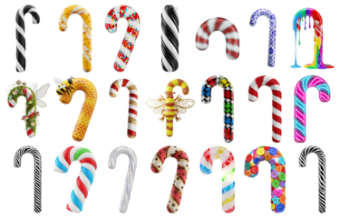 A collection of various colorful candy canes with unique designs including a bee themed cane and intricate patterns perfect for festive holiday decorations