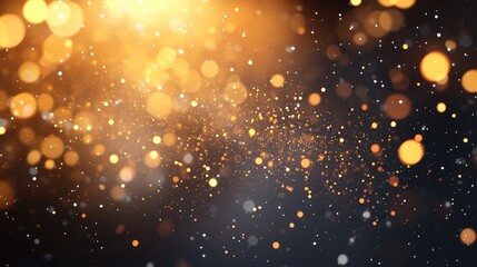 Obraz premium Golden shimmering bokeh lights and tiny falling particles illuminate a dark backdrop, creating an enchanting warm glow suitable for celebratory, holiday, or luxury concepts