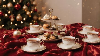 Fototapeta premium Elegant Christmas Afternoon Tea Setting with Festive Decorations.