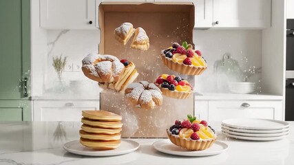 A box opens to reveal an assortment of pastries bursting with colorful fruits and powdered sugar. The kitchen setting is bright and inviting, showcasing the delightful treats