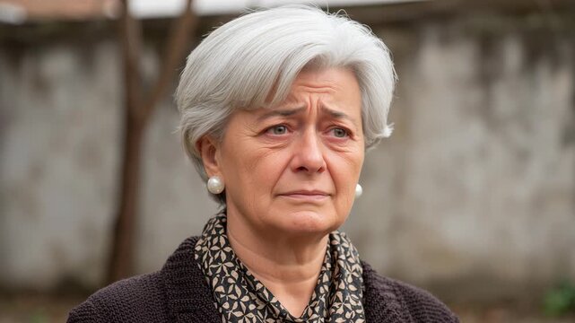 A senior woman with gray hair and a concerned expression, wearing a patterned scarf and earrings.