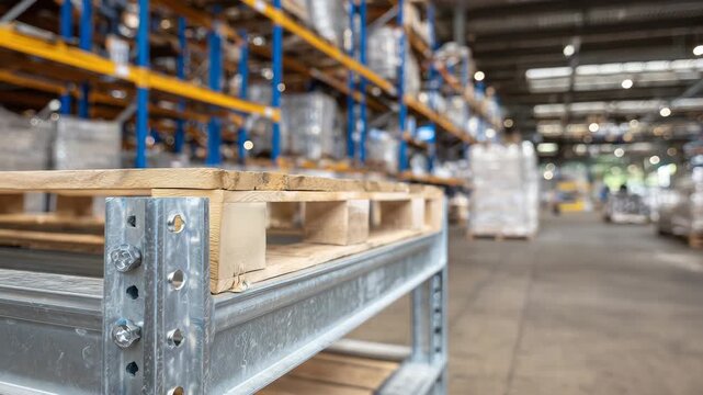 Close-up view of a metal shelving unit prepared for assembly in a warehouse, steel beams polished and aligned, concrete floor visible below, highlighting readiness for product stor