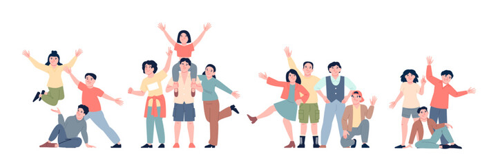 Friends posing for photo. Happy young adults or teenagers together, jumping, laughing, sitting. Taking different poses for group photography, recent vector set