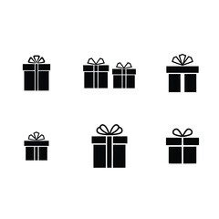 Set of Six Black Gift Boxes with Ribbons on White Background