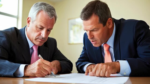 Business meeting men senior executive suit tie office document discussion negotiation focus review contract with intent and calm energy mature