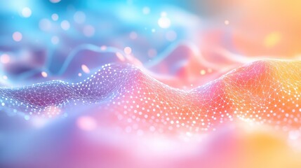 Abstract digital network grid forming a vibrant wave pattern, connecting dots and lines across a colorful background, representing data communication and technological innovation