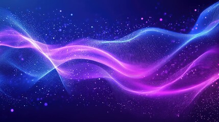 Futuristic network visualizing data stream with glowing particles and vibrant purple and blue sinusoidal lines, representing technology, communication, and dynamic energy flow
