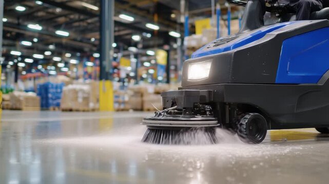 Detailed close-up of floor cleaning machine in motion, brushes, rollers, and water spray highlighted, polished warehouse floor reflecting overhead lights and equipment, showing ind