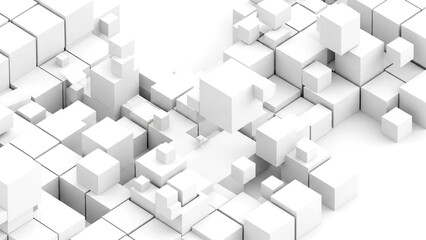 A 3d rendering of numerous white cubes of various sizes scattered randomly isolated on