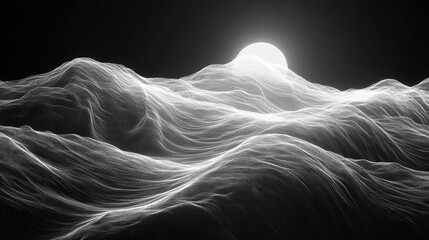 Digital landscape with undulating mesh revealing abstract terrain and a bright glowing sphere, representing concepts of technology, data visualization, and an ethereal future