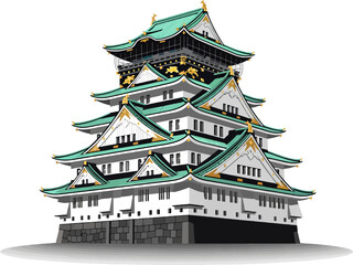 Fototapeta premium Osaka Castle Vector Illustration, Iconic Japanese Multi Storey Fortress And Cultural Landmark