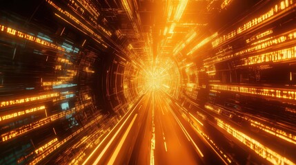 Abstract orange and yellow light trails flowing rapidly through a futuristic digital tunnel, representing data transfer, connection, and the speed of modern technology