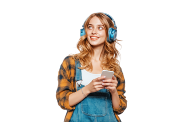 Joyful young female music lover wearing casual clothes holding smartphone and headphones isolated on transparent background, png