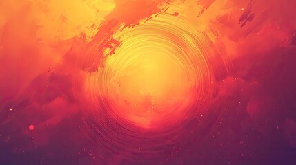 Vibrant abstract art background presenting a radiant light circle surrounded by energetic fiery brush strokes and glowing particles, creating a powerful explosion of warm colors and dynamic movement