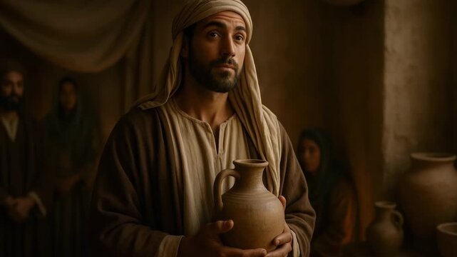 A biblical man holding a clay pitcher in contemplation. Cinematic portrait of a historical figure representing faith. A scene from a bible story