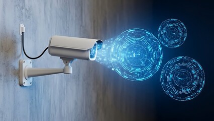 Security camera monitoring digital data flow and network security concept