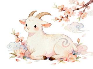 Joyful Goat Illustration: A charming watercolor illustration of a cute goat with soft fur, delicate horns, and a serene expression, surrounded by blooming cherry blossoms and ethereal clouds.