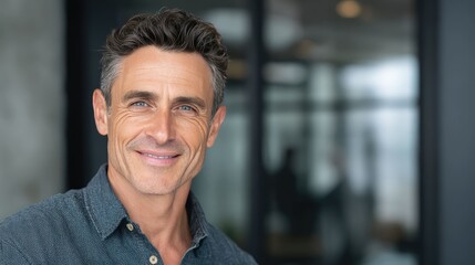 Naklejka premium a man standing in front of a window with multiple panels. he has short hair, is wearing a light blue shirt, and has a slight smile