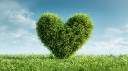 an artistic representation of nature's resilience. a heart shaped topiary, meticulously trimmed from greenery, stands in a field of tall grass
