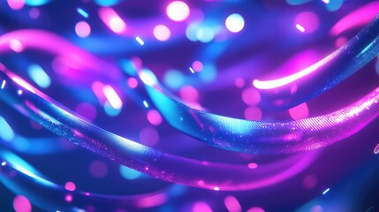 Abstract digital waves made of glowing textured ribbons and scattered bokeh lights are creating a vibrant, energetic, and futuristic background representing interconnected data flow