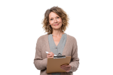Friendly female teacher in cardigan holding marker and clipboard smiling isolated on transparent background, png