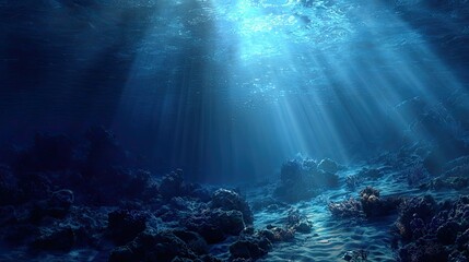 Obraz premium an underwater scene with sunlight filtering through above, creating an ethereal glow that illuminates the deep blue waters surrounding a rocky outcropping