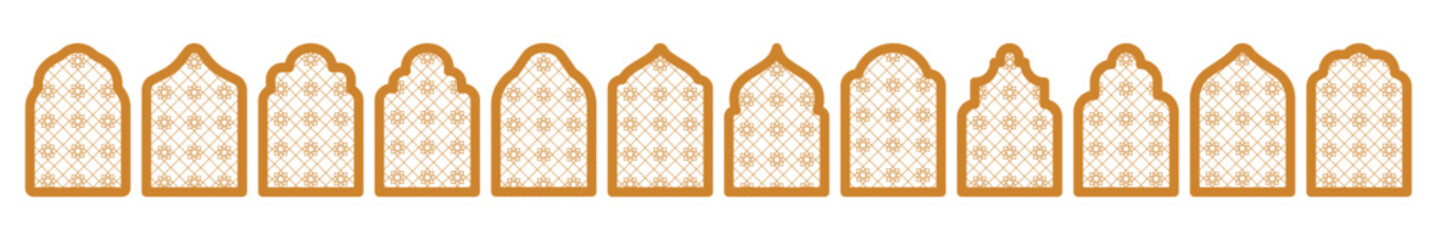 Oriental Arab Arch Islam Door Shapes Set In classic golden beige color Windows Frames elements collection Vintage element group Domes of mosque Ramadan Kareem, Eid Mubarak.