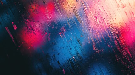 Abstract surface featuring diagonal lines and a distressed grunge texture, bathed in contrasting neon colors of blue, pink, and magenta, creating a vibrant, dynamic background