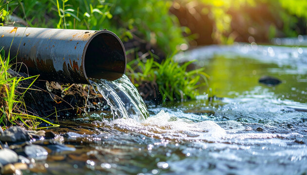 Metal pipe discharging wastewater into natural stream, environmental pollution concept, flowing water
