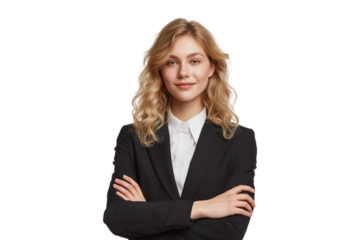 Confident young businesswoman in black suit standing with arms crossed isolated on transparent background, png