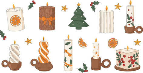 Christmas candle and festive decor vector set with holiday illustrations, cozy winter elements and seasonal ornament designs