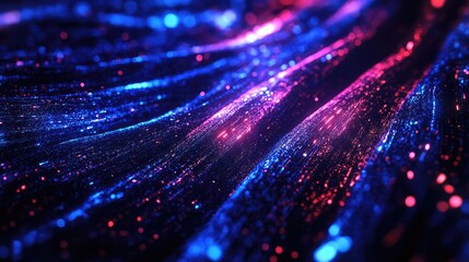 Abstract digital network of glowing particles and flowing light strands in blue, purple and red, visualizing rapid data transfer, cyberspace connections and futuristic communication
