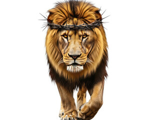Lion of judah with crown of thorns walking towards the viewer