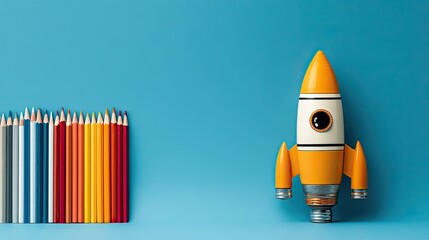 a stylized scene with a pencil holder as the backdrop, showcasing an array of multicolored pencils. a small, simplistic robot figure is placed on a flat surface, to the right of the pencil holder