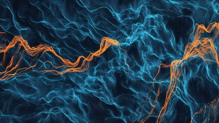Abstract background showing blue wavy lines on a dark backdrop with vibrant orange fluid energy lines highlighting digital information flow and global network communication