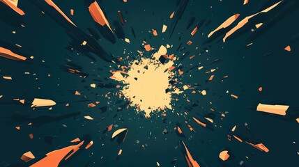 Dynamic abstract composition showing dark teal and orange geometric fragments bursting outwards from a central bright light, representing concepts of explosion, impact, and disruption