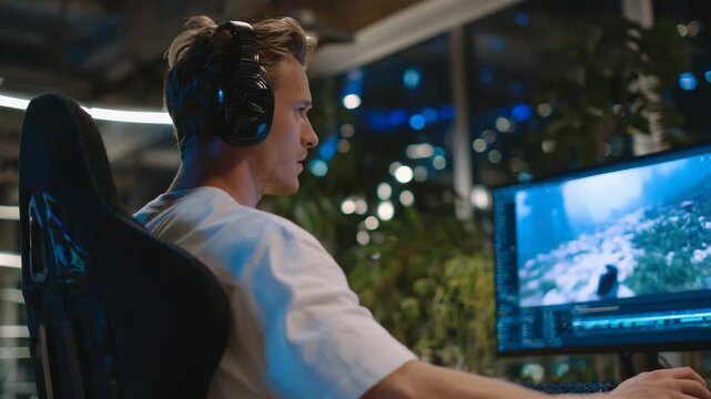 Inside a bright creative studio, a young person sits with headphones on, editing footage on a vivid screen, shadows and highlights shaping the room&rsquo;s clean angles, ambient glow fro