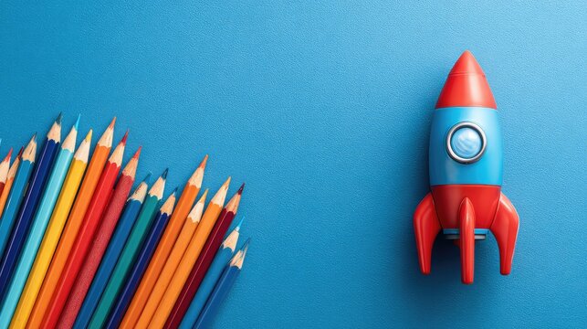 a vibrant classroom setting. a red rocket ship is perched on top of a cluster of colorful pencils, suggesting an environment conducive to creativity and learning