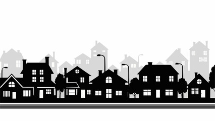 Silhouette of Suburban Neighborhood Houses Street View.