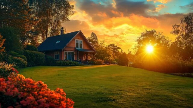 Cozy sunset cottage with garden and lawn, flowers and trees under glowing sky and sunlight tranquil rural landscape, serene evening mood
