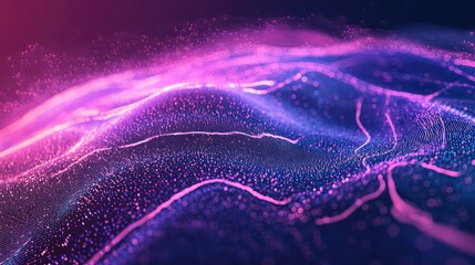 Dynamic flowing wave of luminous particles and lines creating an abstract visualization, representing data, energy, and network connections in a futuristic digitally rendered environment