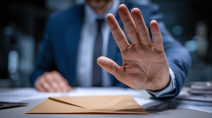 A person rejects an envelope with hand, showing disapproval of illicit dealings. The scene is an office setting, focusing on business ethics and the choice of integrity in work.