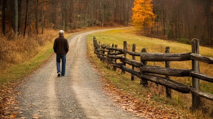 Older man walking countryside road autumn scenery fall foliage nature travel peaceful scene