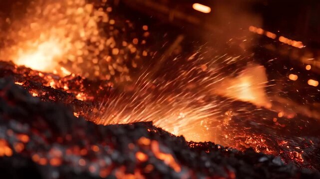 Macro perspective of galvanizing process, steel parts submerged in glowing molten zinc, steam and droplets creating dynamic industrial textures, highlighting protective coating for