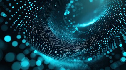 Digital particles forming an intricate glowing wave or tunnel structure, representing complex data networks and technology concepts in a futuristic abstract background