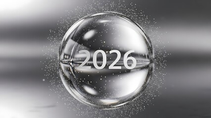 Transparent glass orb with white numeric text 2026 and scattered sparkles on dark gradient background
