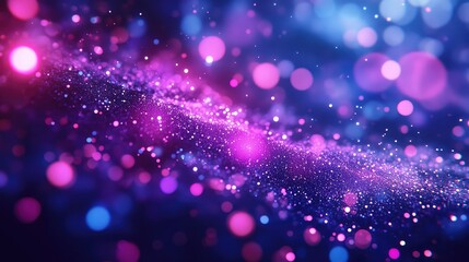 Sparkling glitter particles flowing across the frame, forming an abstract wave of vibrant purple and blue bokeh lights, representing concepts of technology, celebration, and energy