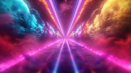 Abstract digital rendering showing a vibrant neon light tunnel with a reflective surface and multicolored cloud like patterns along the sides, conveying ideas of speed, future, and cyberspace