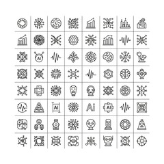 Artificial Intelligence and Machine Learning Icon Set: A large collection of outline vector symbols for modern technology, data, and robotics.